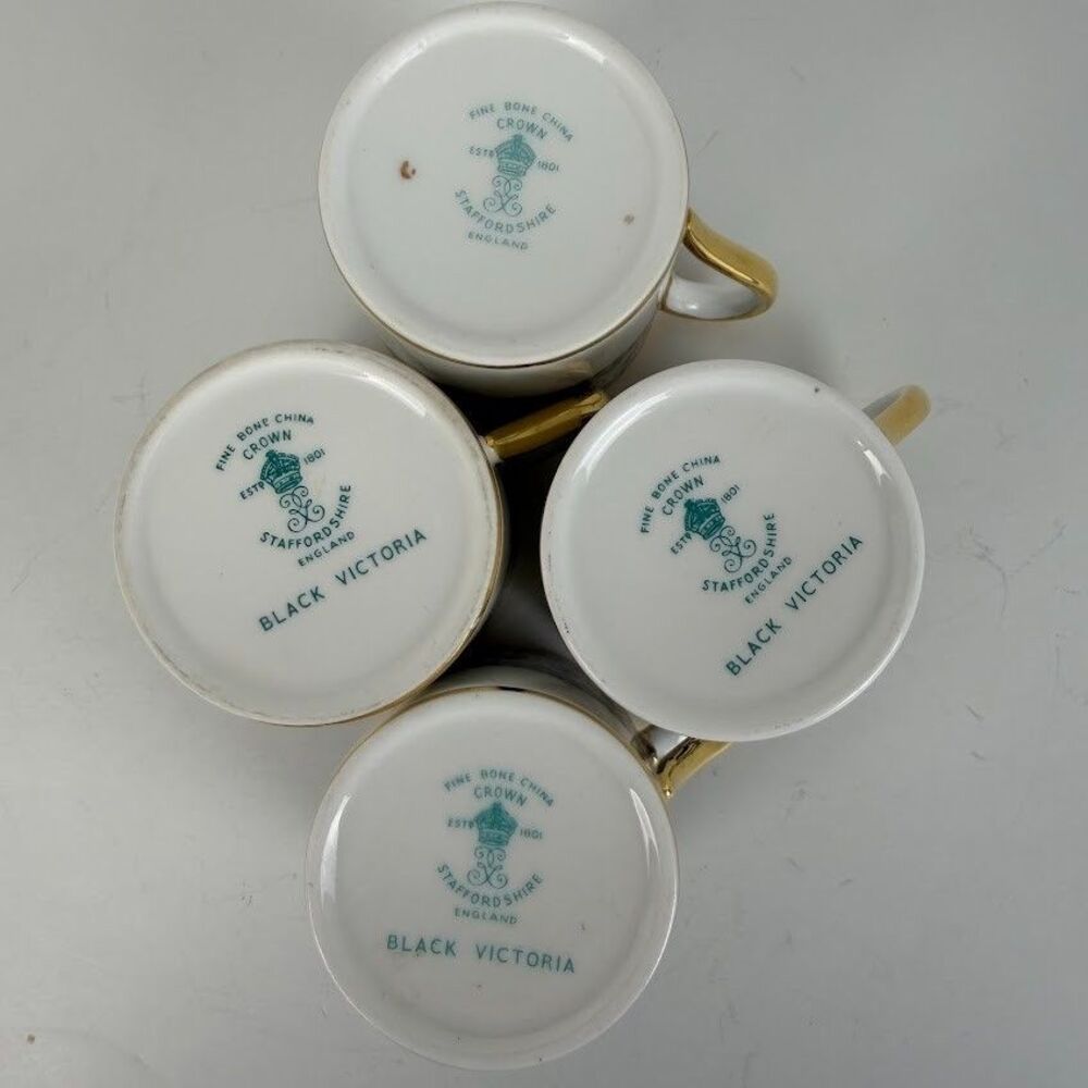 Vintage 1970s Crown Staffordshire Victoria Black Set of 4 Cups & 4 Saucers - Picture 14 of 16